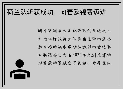 荷兰队斩获成功，向着欧锦赛迈进