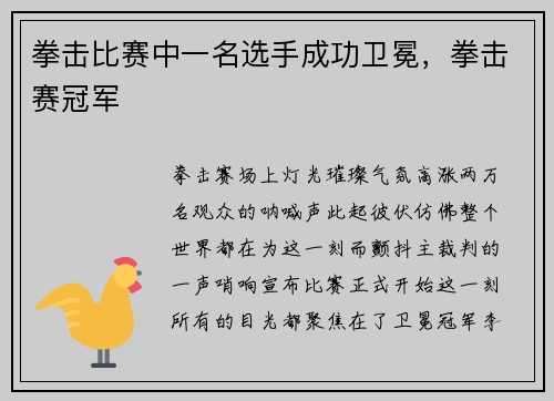 拳击比赛中一名选手成功卫冕,拳击赛冠军