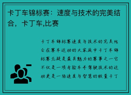 卡丁车锦标赛：速度与技术的完美结合，卡丁车,比赛