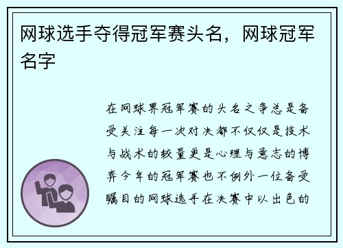 网球选手夺得冠军赛头名,网球冠军名字